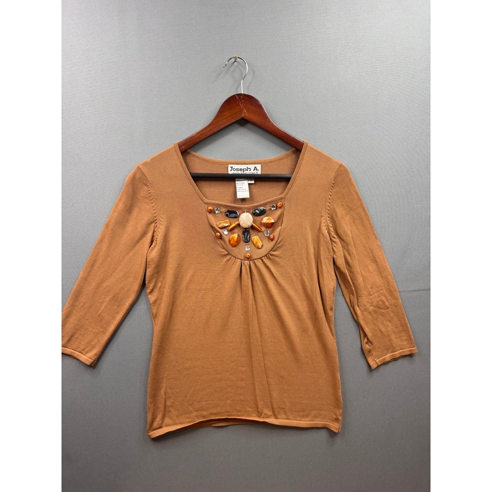 Joseph A Womens Camel Brown Beaded Scoop Neck 3/4‎ Sleeve Knit Top Size M